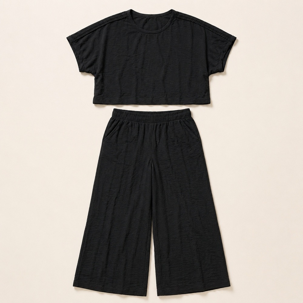 Adrianna Papell Womens 2 Piece Set Black Textured Crop Top Wide Leg Pants Small